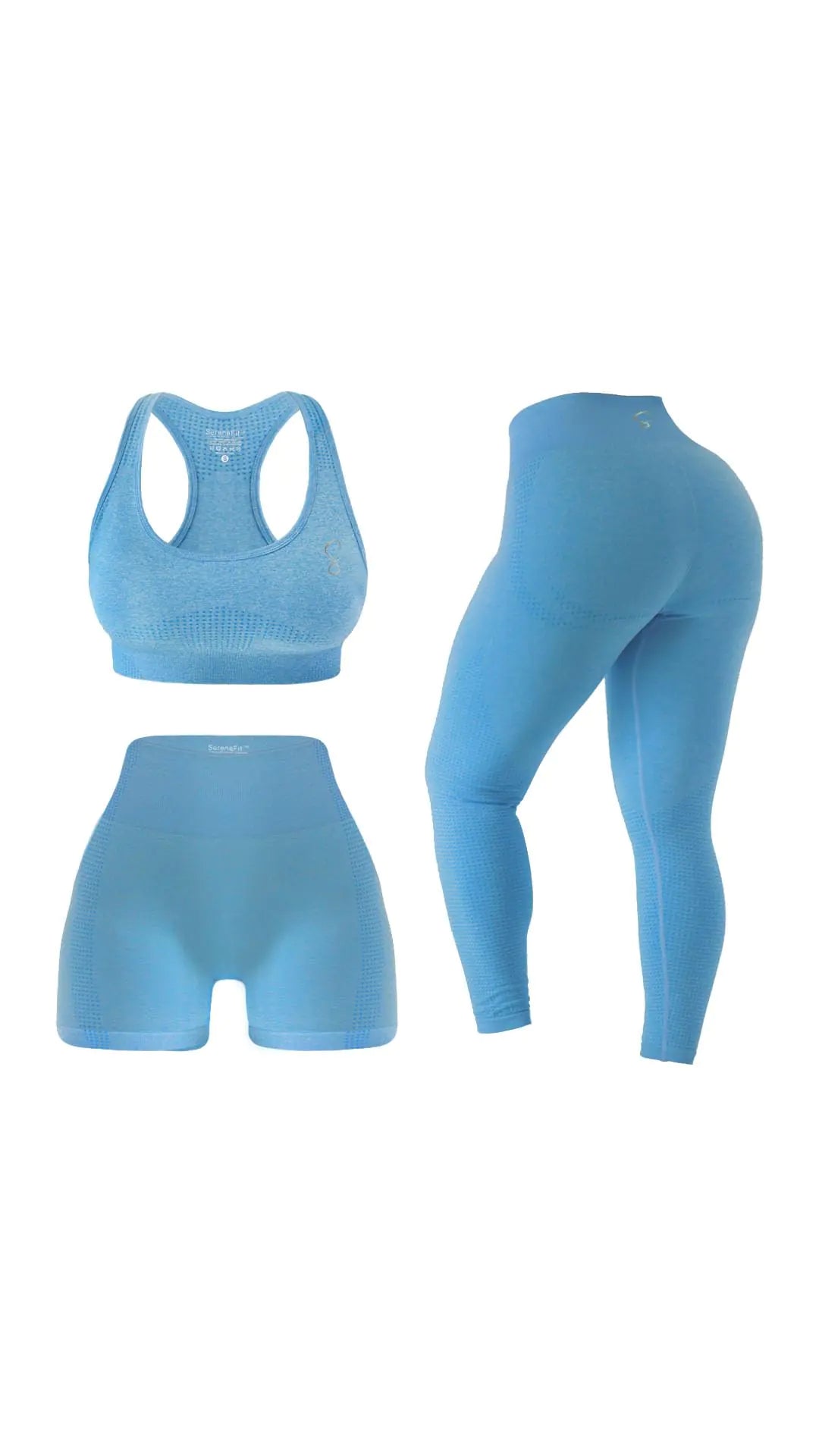 SereneFit 3 Piece Workout Sets For Women Seamless High Waisted Matching Exercise Leggings Shorts and Sports Bra Active Set (Sky Blue Large)