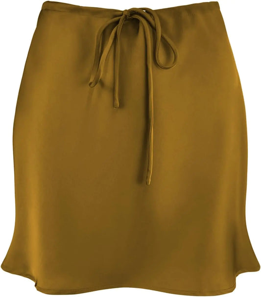 Womens Drawstring Satin Mini Skirt High Waisted Elegant Casual A-Line Flared Silk Short Skirts for Women