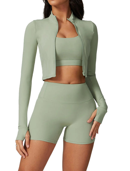AGYMNX Workout Sets for Women 3 Piece High Waisted Seamless Shorts Crop Top Jacket Gym Yoga Outfit Stretchy Sports Bra Sets Green XL