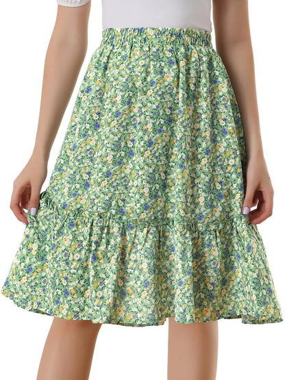 Allegra K Womens A-Line Ruffle Elastic Waist Flowy Tiered Floral Knee Length Skirt Small Green