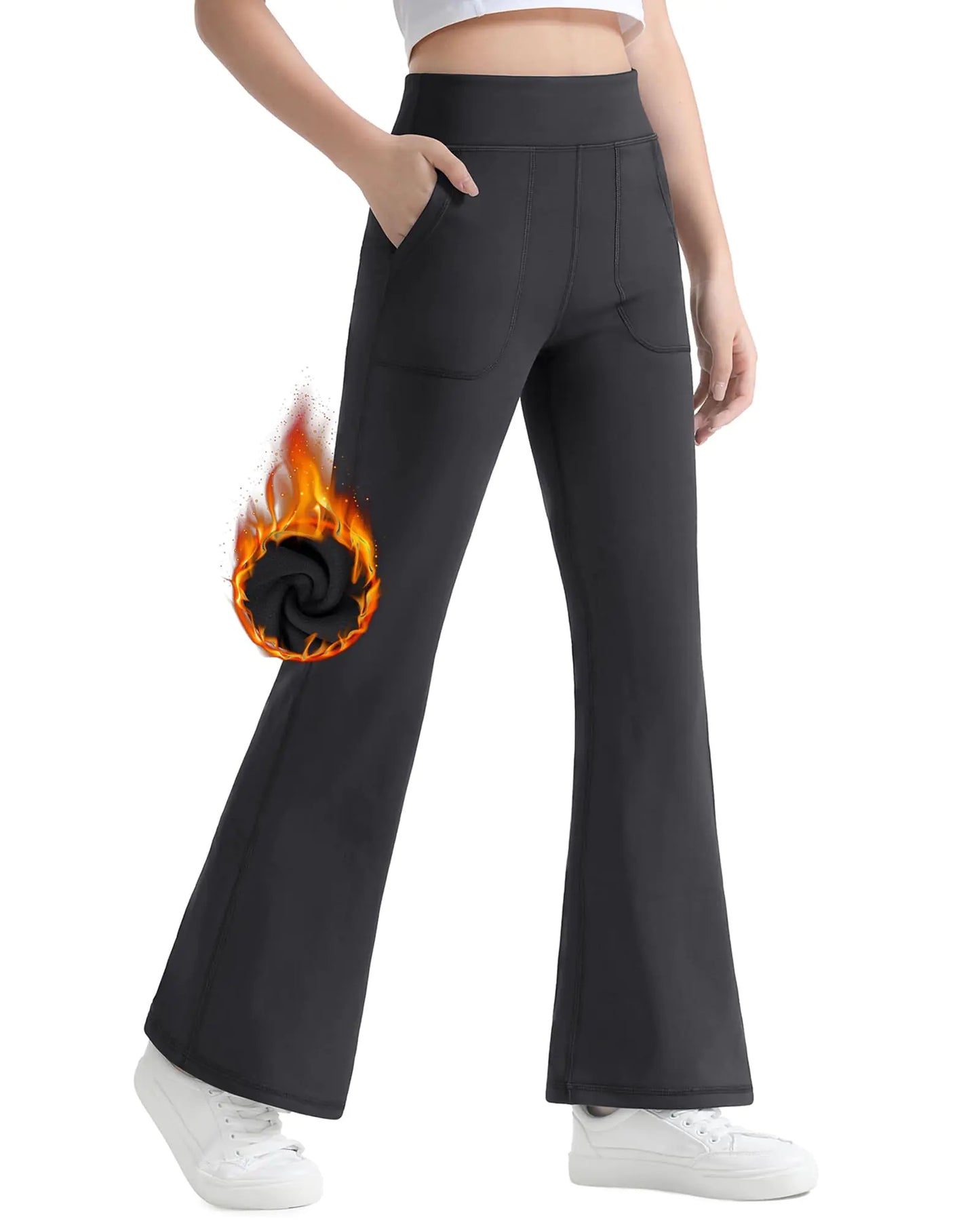 JOCMIC Girls Fleece Lined Flare Leggings High Waist Bell Bottoms Yoga Pants for Kids Girls Athletic Leggings with Pockets Grey 13-14 Years