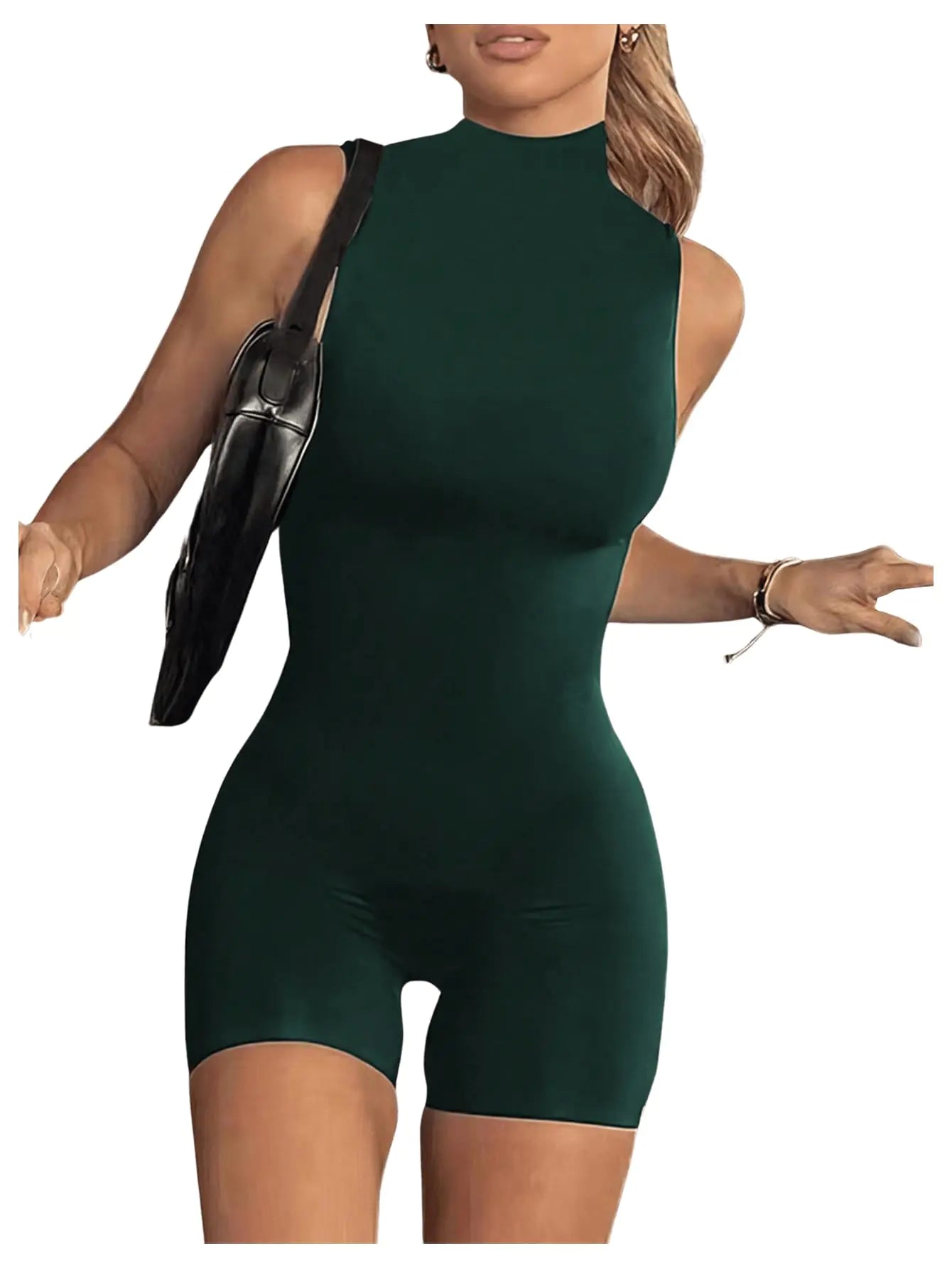 Floerns Womens Sleeveless Mock Neck Gym Yoga Unitard Rompers Jumpsuits Dark Green Small