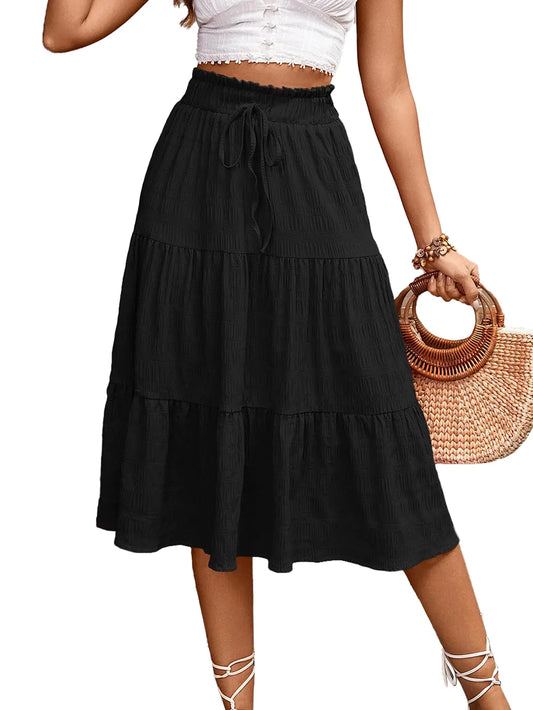 HELYO Womens Casual Summer Skirt 626s Boho Elastic Waisted Flowy Drawstring Ruched A Line Tiered Midi Dress Skirt 626 Black L