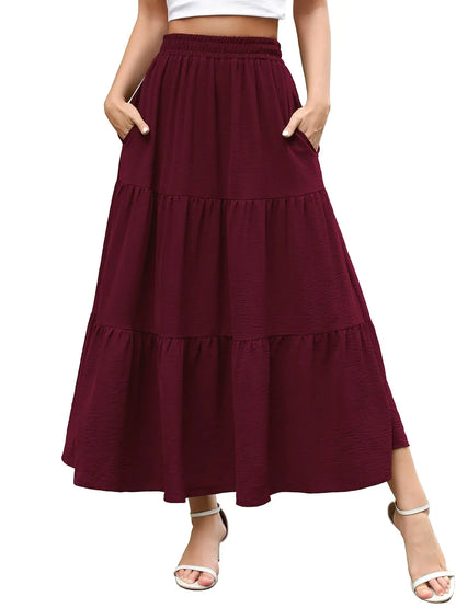 Berydress Womens Skirts with Pockets Elastic High Waist Casual Flowy Swing Burgundy Fall Tiered Ruffle A Line Skirt(S6275-Burgundy)