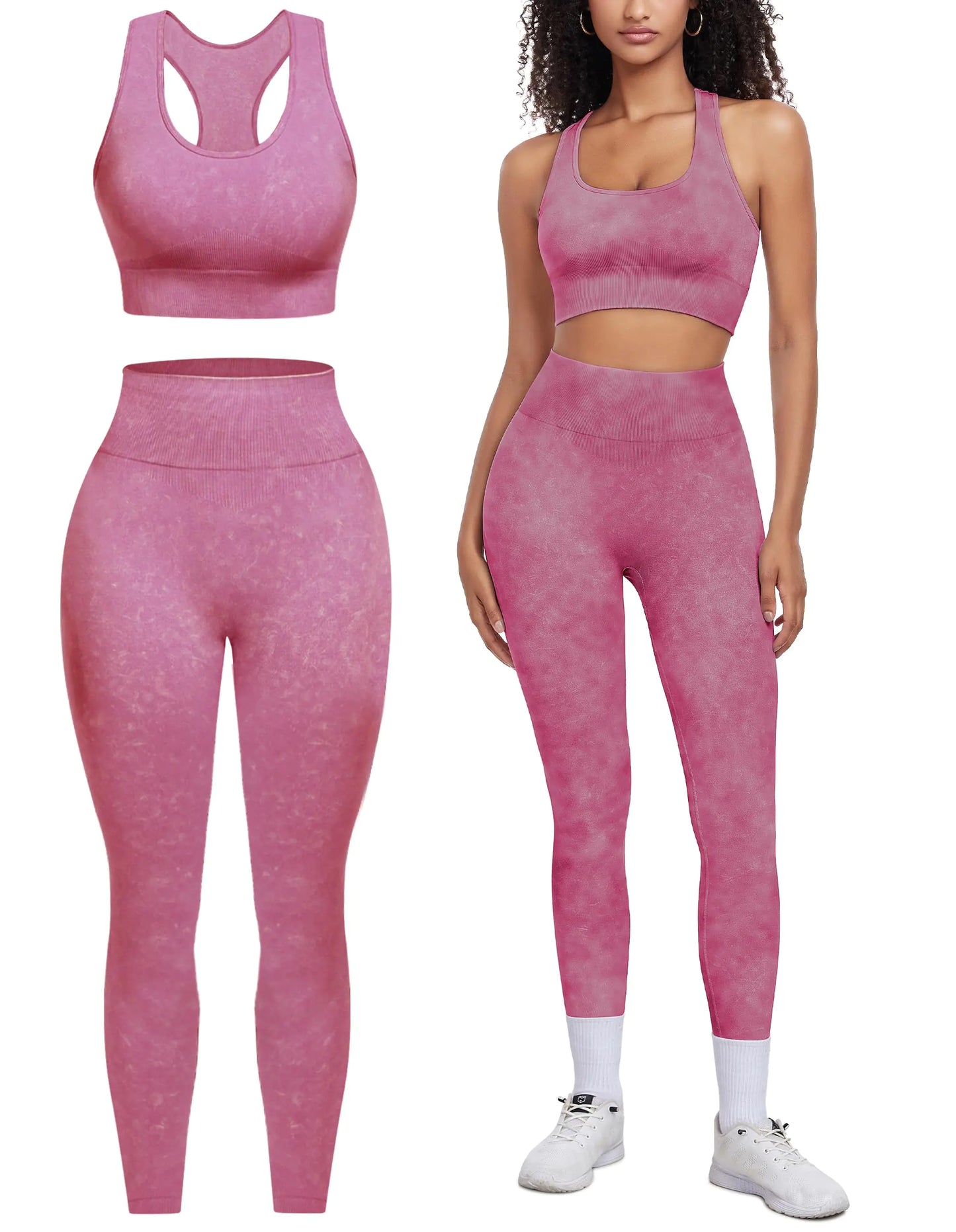 OLCHEE Womens Workout Sets 2 Piece - Acid Wash Seamless Yoga Outfits High Waist Leggings Padded Racerback Sports Bra Gym Set - Pink Large