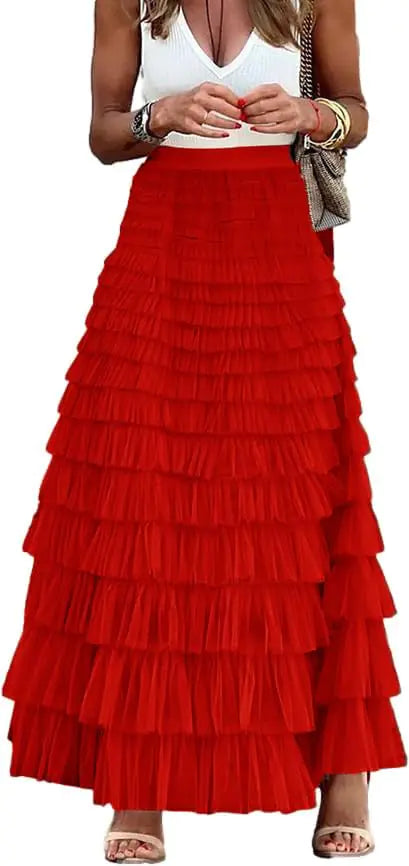 RanRui Tulle Maxi Skirts Long Tulle Skirt Women Layered Tiered Tulle Mesh Maxi Skirt Khaki A Line Flared Elastic Waist Party Skit Cake Skirt Lightweight Comfy Long Skirt(redMedium)