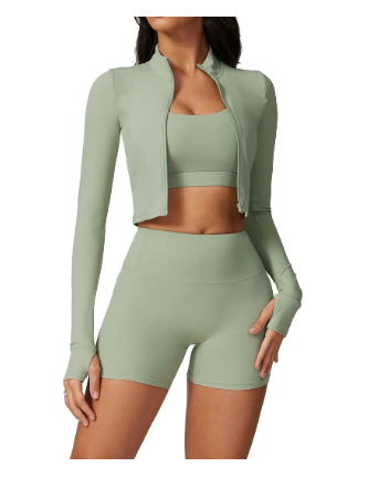 AGYMNX Workout Sets for Women 3 Piece High Waisted Seamless Shorts Crop Top Jacket Gym Yoga Outfit Stretchy Sports Bra Sets Green XL