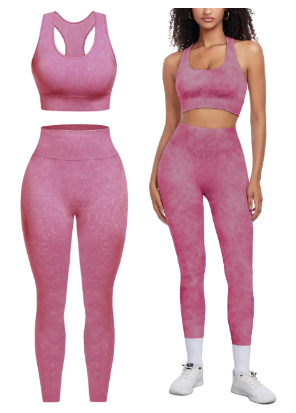 OLCHEE Womens Workout Sets 2 Piece - Acid Wash Seamless Yoga Outfits High Waist Leggings Padded Racerback Sports Bra Gym Set - Pink Large