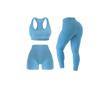 SereneFit 3 Piece Workout Sets For Women Seamless High Waisted Matching Exercise Leggings Shorts and Sports Bra Active Set (Sky Blue Large)