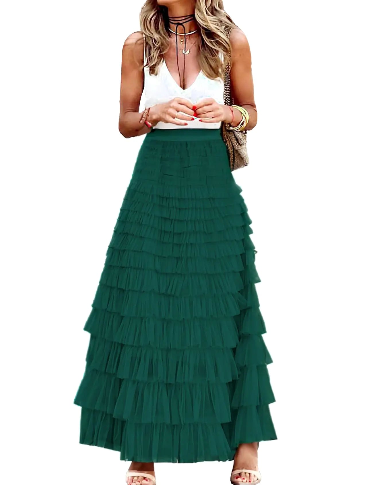 Gratoryna Womens Long Maxi Tulle Skirt A Line Ruffle Mesh High Waisted Tiered Layered Skirts Petticoat(DarkGreen-S)