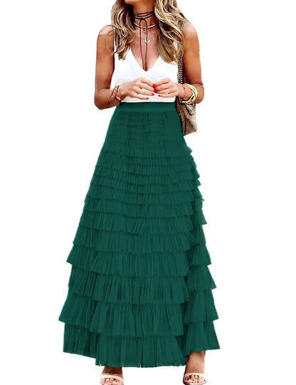 Gratoryna Womens Long Maxi Tulle Skirt A Line Ruffle Mesh High Waisted Tiered Layered Skirts Petticoat(DarkGreen-S)