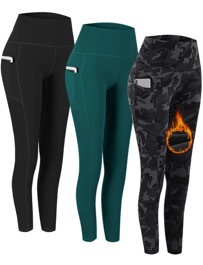 Fengbay 3 Pack High Waist Fleece Lined Yoga Pants Pocket Yoga Pants Tummy Control Workout Running 4 Way Stretch Yoga Leggings