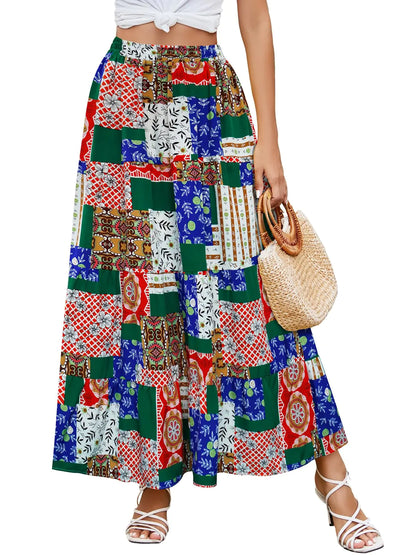 Berydress Floral Maxi Skirt for Women Ankle Length Casual Summer Elastic Waisted Tiered Flowy Long Skirt(L6234-Patchwork)