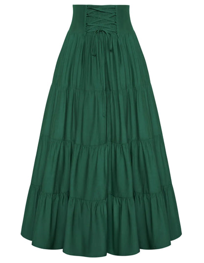 Women Summer Tiered Maxi Skirt Elastic Waist Renaissance Skirt Boho Beach Flowy Long Skirts Dark Green XL