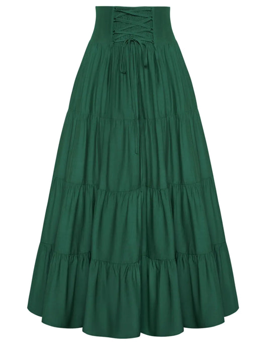 Women Summer Tiered Maxi Skirt Elastic Waist Renaissance Skirt Boho Beach Flowy Long Skirts Dark Green XL