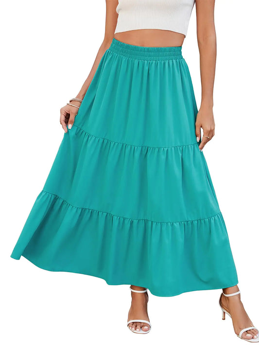 HUSKARY Maxi Skirts for Women Summer Fall Casual Elastic High Waist Pleated A-Line Flowy Swing Long Tiered Beach Skirt