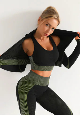 3PCS Women's Seamless Yoga Set - Leggings, Crop Top, Bra