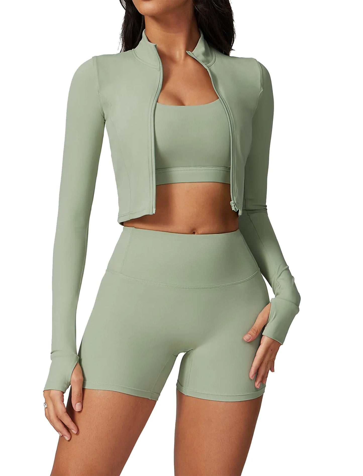 AGYMNX Workout Sets for Women 3 Piece High Waisted Seamless Shorts Crop Top Jacket Gym Yoga Outfit Stretchy Sports Bra Sets Green XL