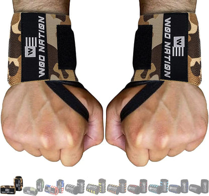 WOD Nation Wrist Wraps for Weightlifting 12 Inch Professional Gym Wrist Straps w/Thumb Loop Wrist Support Wraps for Men & Women for Strength Training Powerlifting & Bodybuilding (Brown Camo)