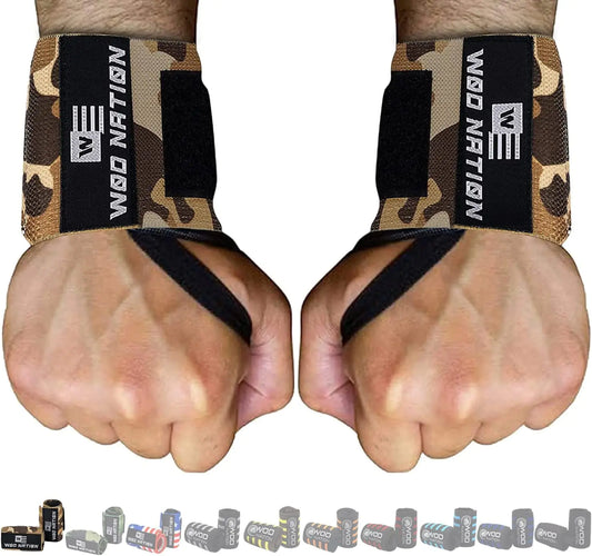 WOD Nation Wrist Wraps for Weightlifting 12 Inch Professional Gym Wrist Straps w/Thumb Loop Wrist Support Wraps for Men & Women for Strength Training Powerlifting & Bodybuilding (Brown Camo)