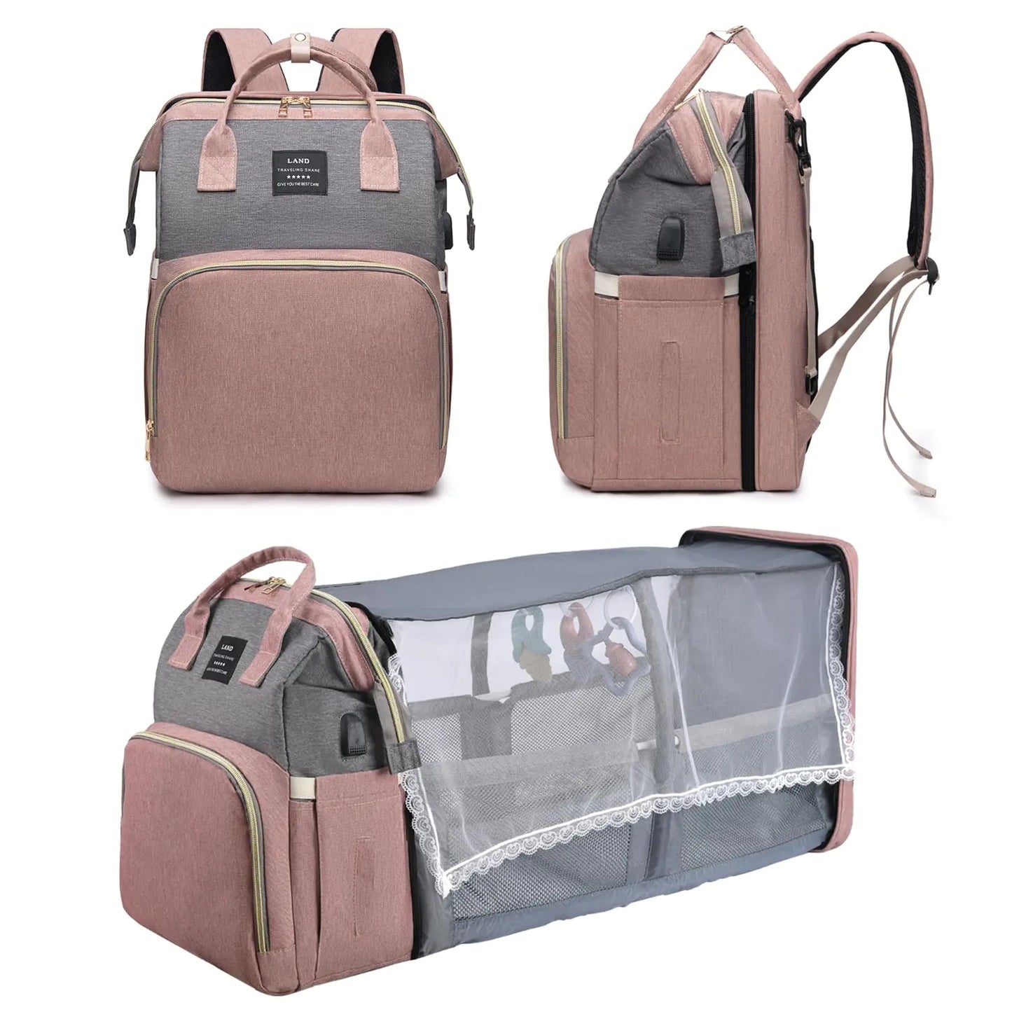 LHDYMXYN Diaper Bag Backpack with Changing Station Pink Baby Girls Diaper Bag for Mom Large Travel Baby Changing Bags Back Pack with 3 Insulated Pockets & Charging Port